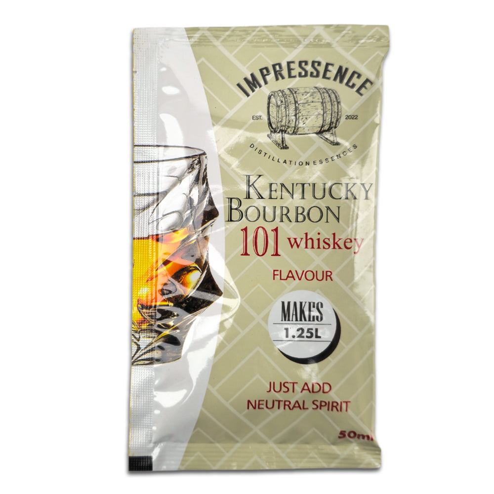 50mL Kentucky Bourbon 101 Whiskey Spirit Flavouring Sachet - makes 1.25L of classic aged rye bourbon whiskey with hints of caramel, vanilla and spice.