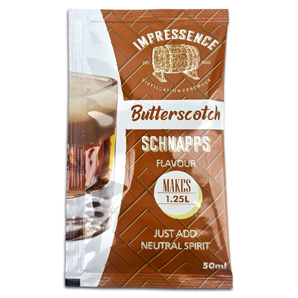 50ml Sachet of Impressence Butterscotch Schnapps Spirit Flavouring - Makes 1.25L of rich and velvety butterscotch liqueur.
