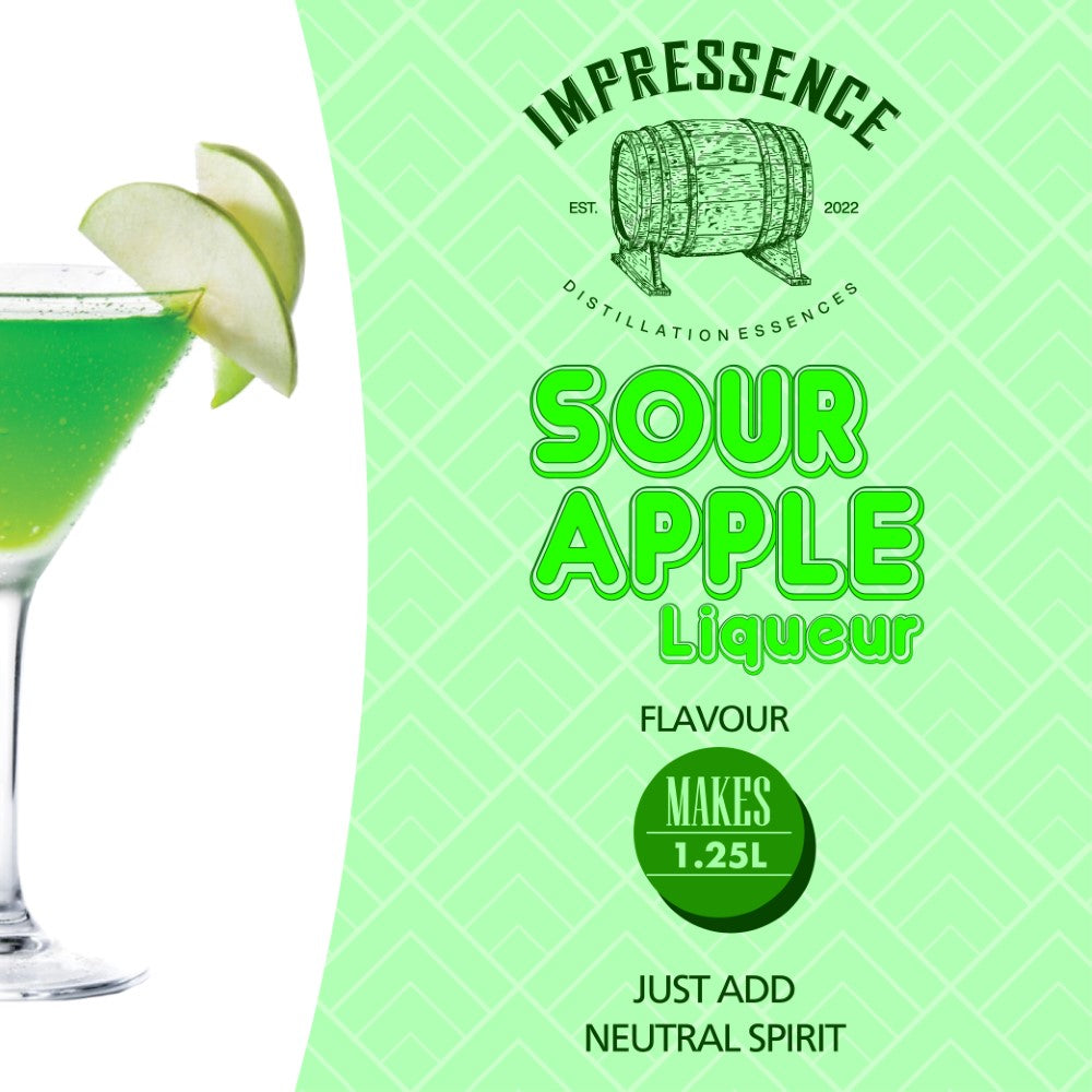 Impressence Sour Apple Liqueur  Spirit Flavouring Sachet - makes 1.25L of lip-puckering zesty and sour green apple liqueur.