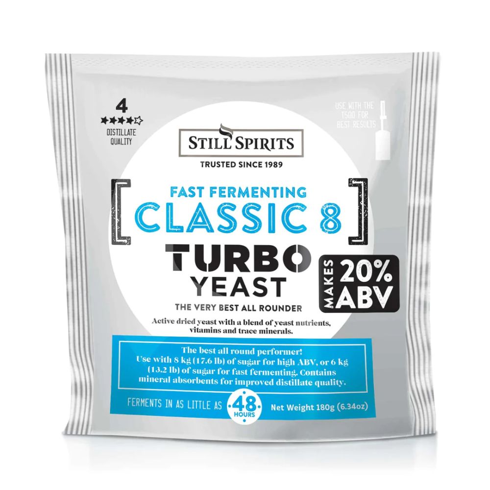 Classic 8 is a yeast and nutrient mix that performs excellently under most conditions. It is the best all-rounder Turbo Yeast with nutrients already packed in.