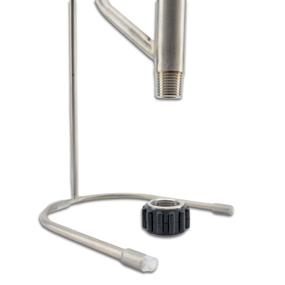 can be height adjusted using the wire stand, or mounted directly to your PolyPhoenix Distillation set up via the 1.5" Tri-Clover input port.