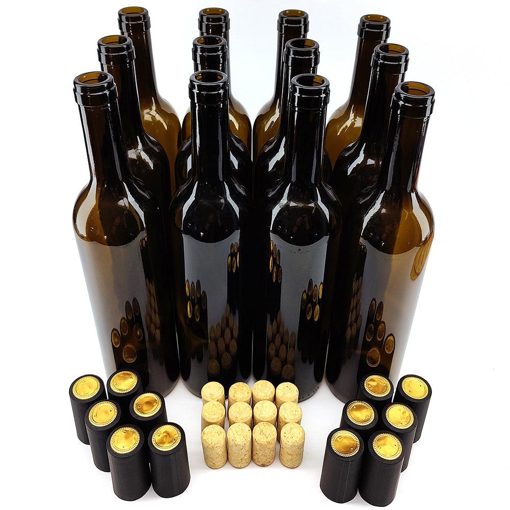 12 x 750mL Wine Bottles - Including Corks, Black Heat Shrink Sleeves & Hand Crafted Labels - KegLand