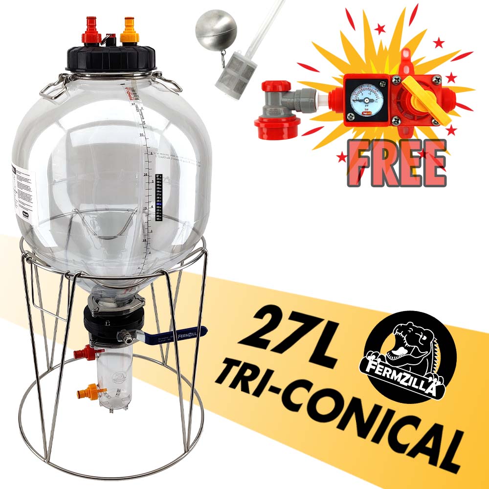Gen3 27L FermZilla Tri-Conical Pressure Brewing Kit with 600mL Tri-conical collection container.