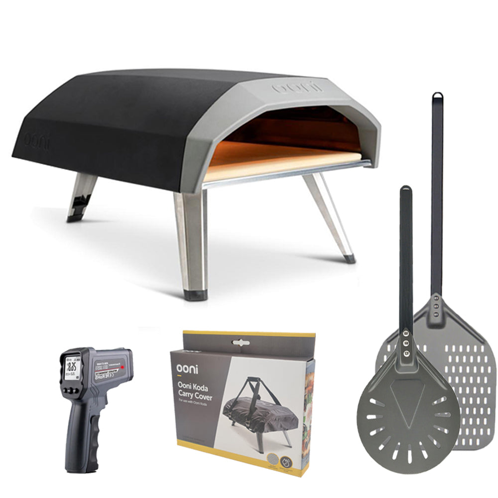 Ooni Koda 12 Gas-Powered Pizza Oven Essentials Bundle including free carry cover, pizza peel, spinner peel and infrared thermometer.