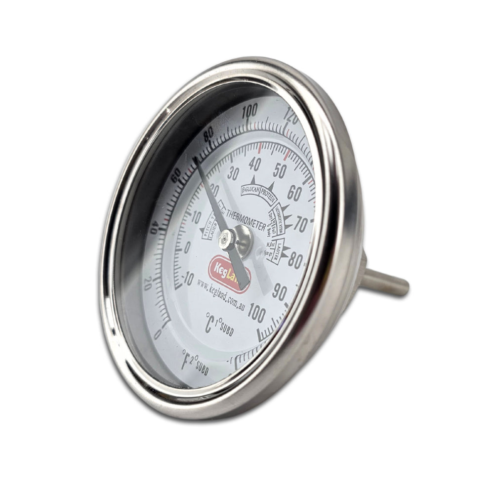This Bi-Metal thermometer is a high quality 304 stainless dial thermometer with stainless probe. Perfect for fitting into your 3 vessel all grain brewing setup.