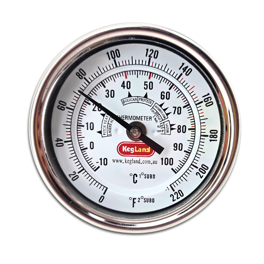 This Bi-Metal thermometer is a high quality 304 stainless dial thermometer with stainless probe. Perfect for fitting into your 3 vessel all grain brewing setup.