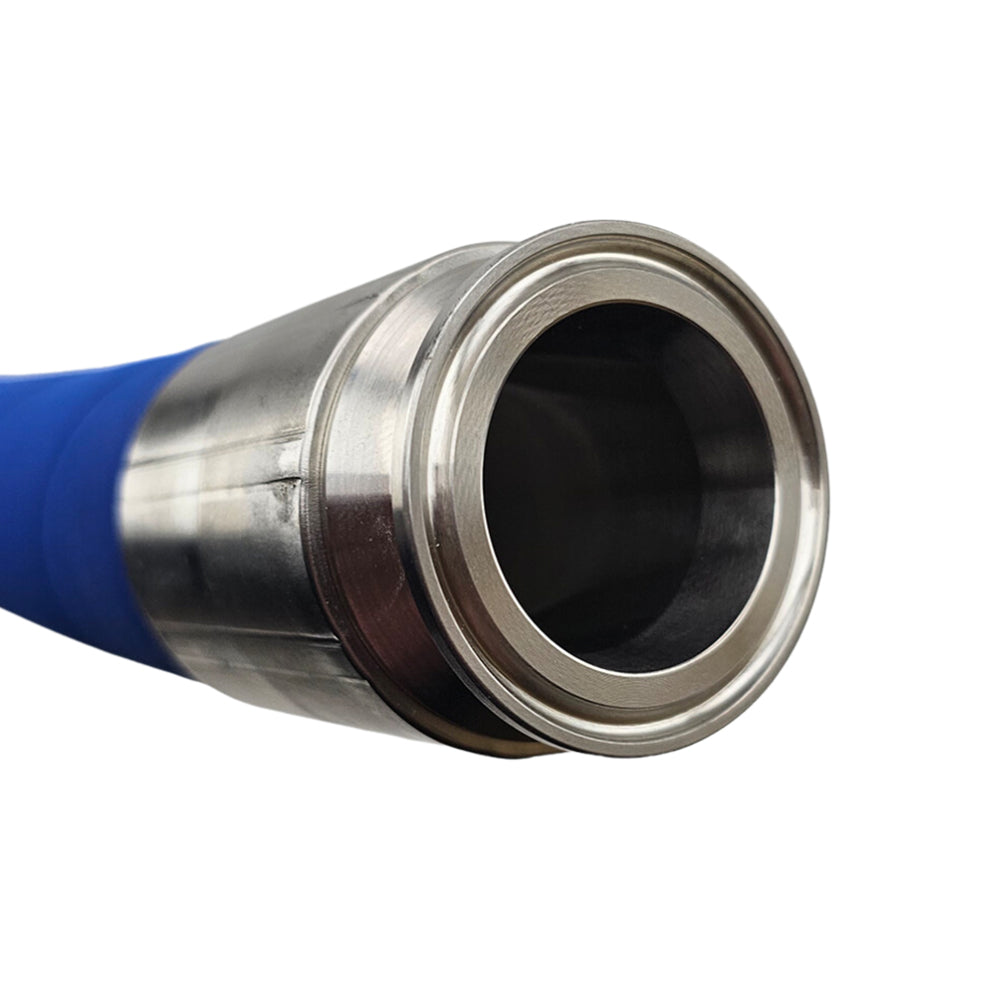 This 3m hose is equipped with a 1.5-inch Tri-Clover fitting on both ends. These are swaged to the hose to ensure a smooth bore that is capable of high pressures or vacuum.