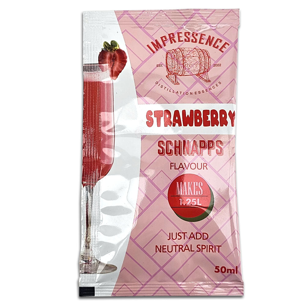 50mL sachet of Strawberry Schnapps Spirit Flavouring, boasting a sweet lingering fresh fruit flavour.